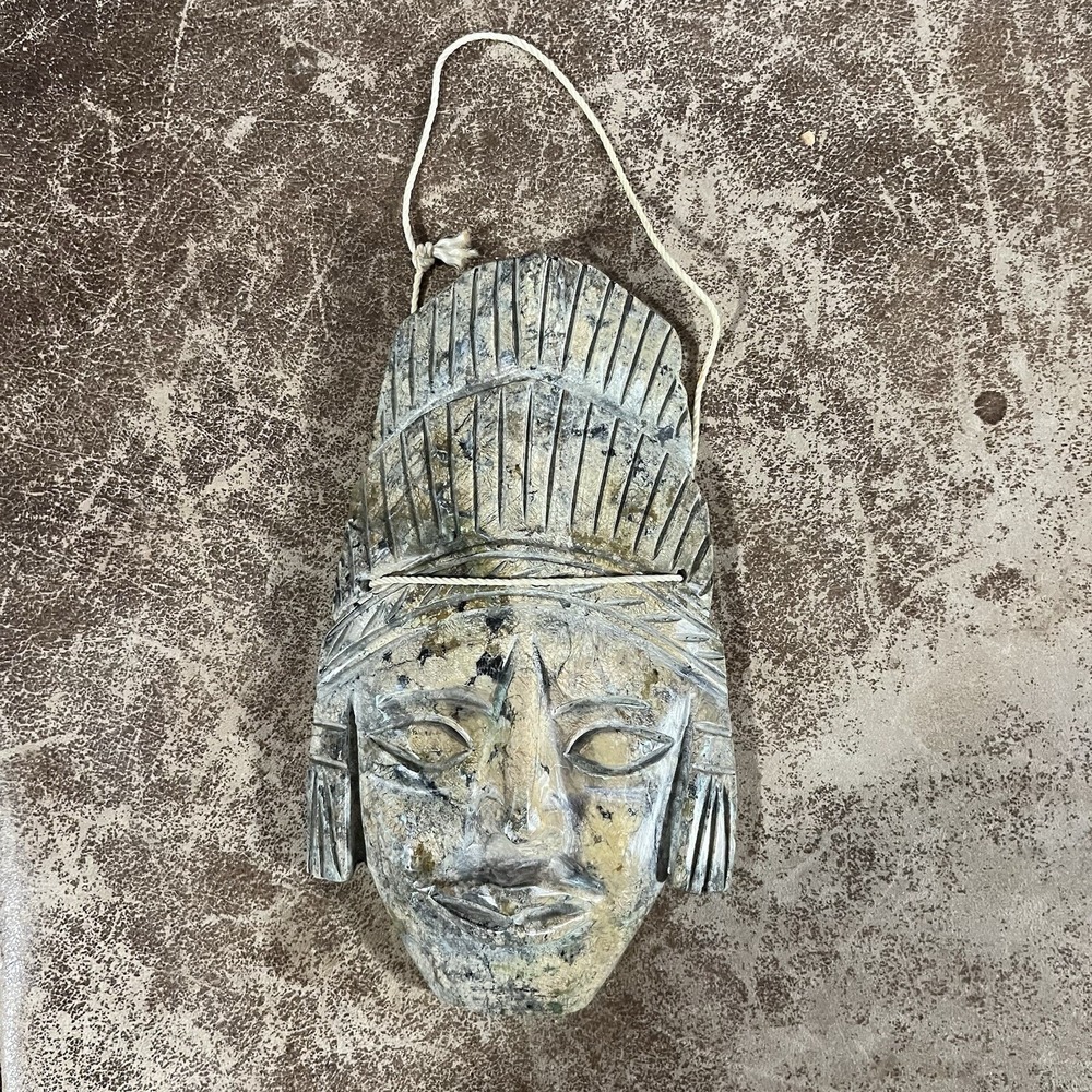 Hand Carved Stone Mask Green Grey Mayan Aztec Tribal Style Decor Latin American